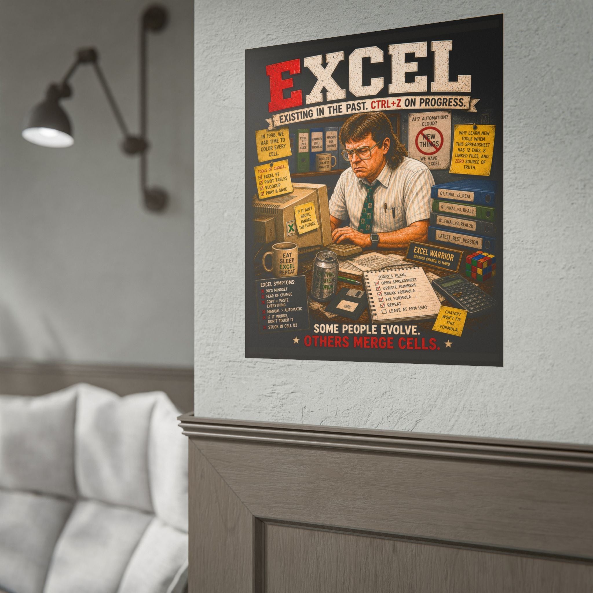 Excel Retro Poster — 'Some People Evolve, Others Merge Cells' Rolled Poster