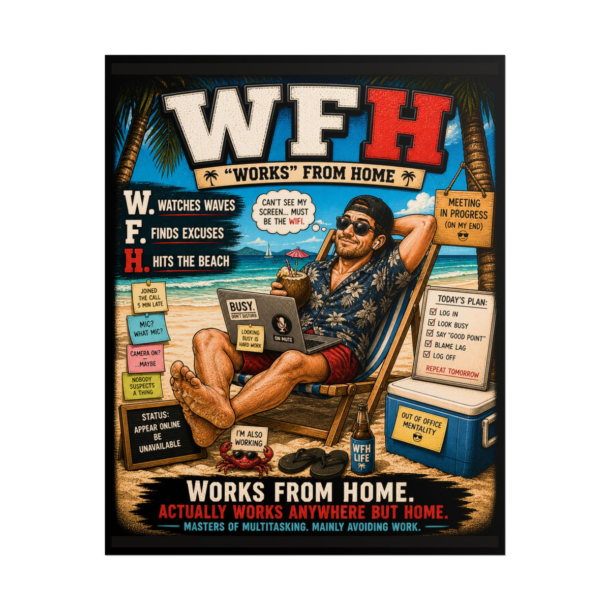 Rolled Poster — 'WFH: Works From Home' Beach Vibes Funny Office Humor Poster