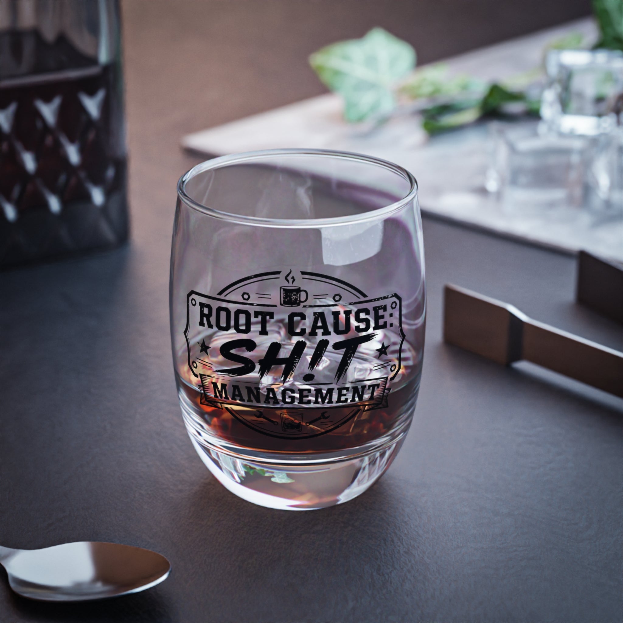 Whiskey Glass – “Root Cause: Sh!t Management” Funny Whiskey Tumbler for Managers, Coworkers & Gift Occasions