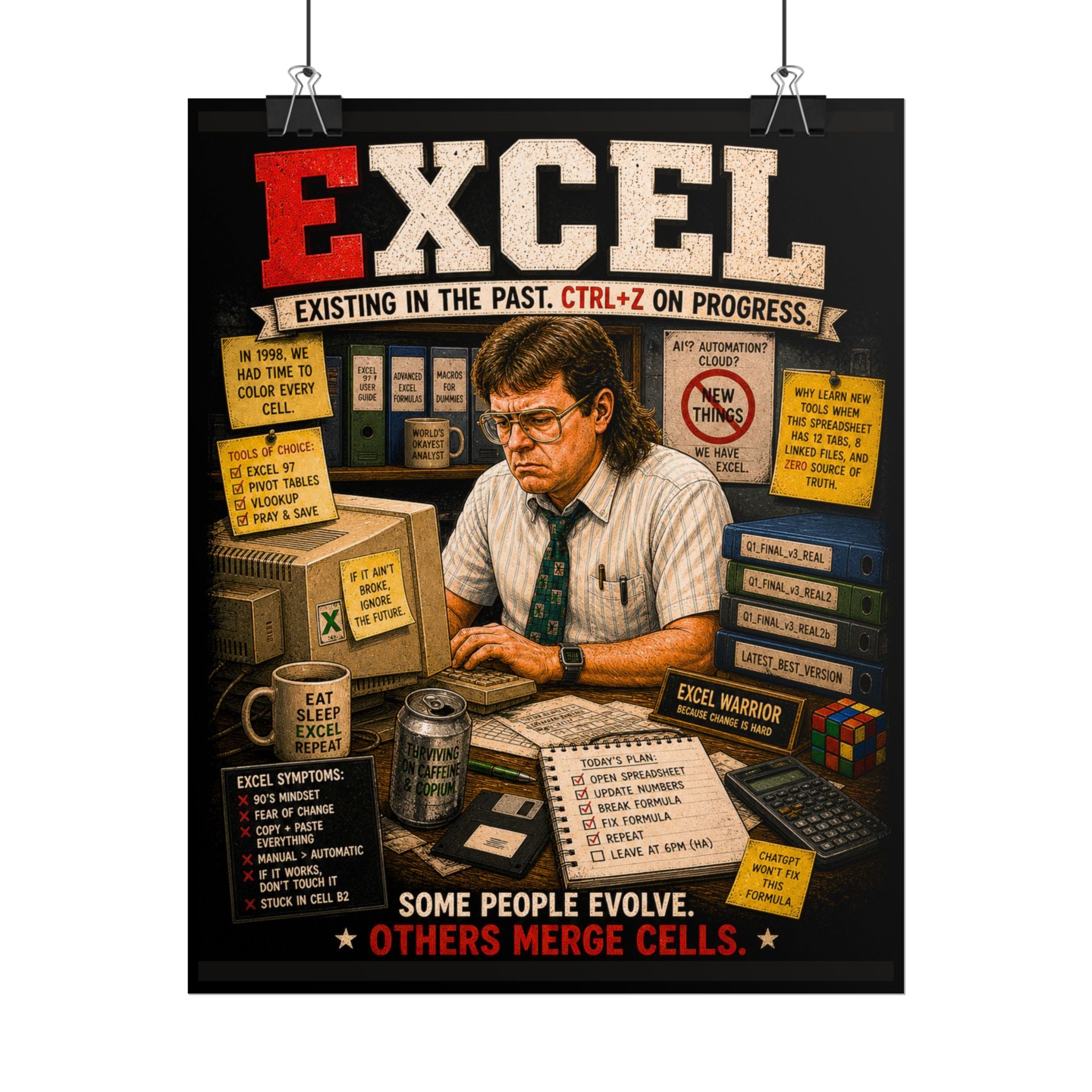 Excel Retro Poster — 'Some People Evolve, Others Merge Cells' Rolled Poster