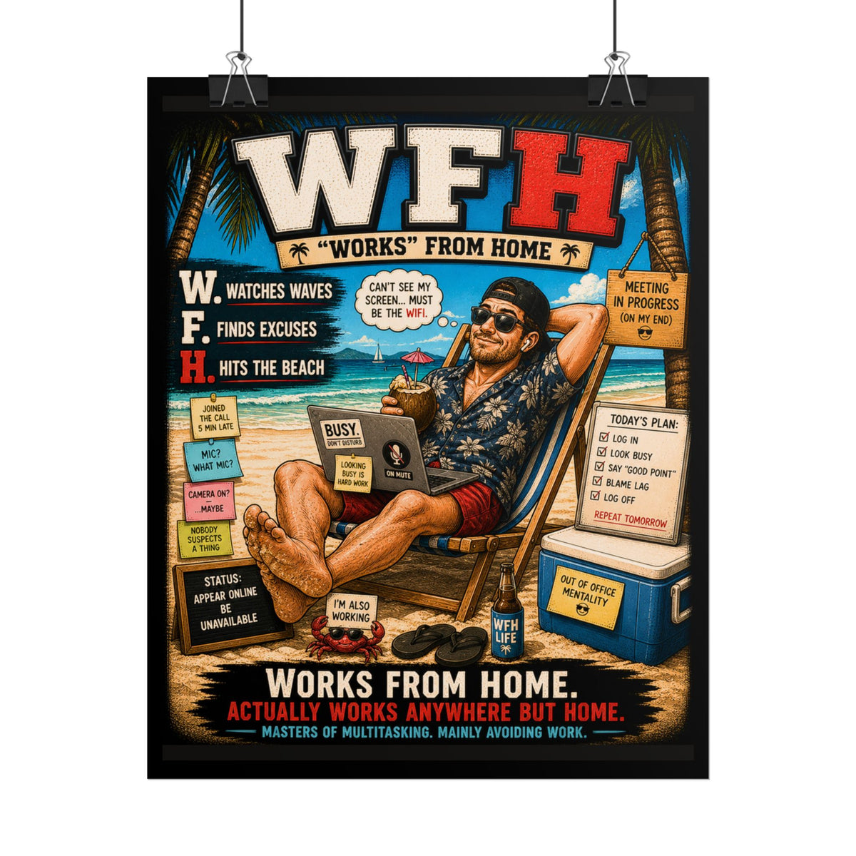 Rolled Poster — 'WFH: Works From Home' Beach Vibes Funny Office Humor Poster