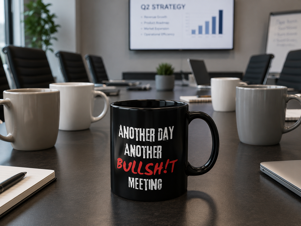 Black Mug — "Another Day, Another Bullsh!t Meeting" Sarcastic Work Humor Coffee Cup